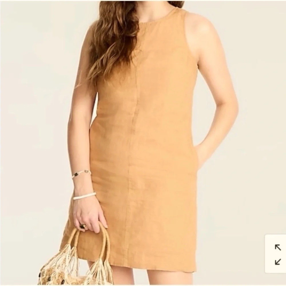 J.CREW LT Tan 100% Linen Shift Dress Sleeveless Knee Length Button Pockets Tall